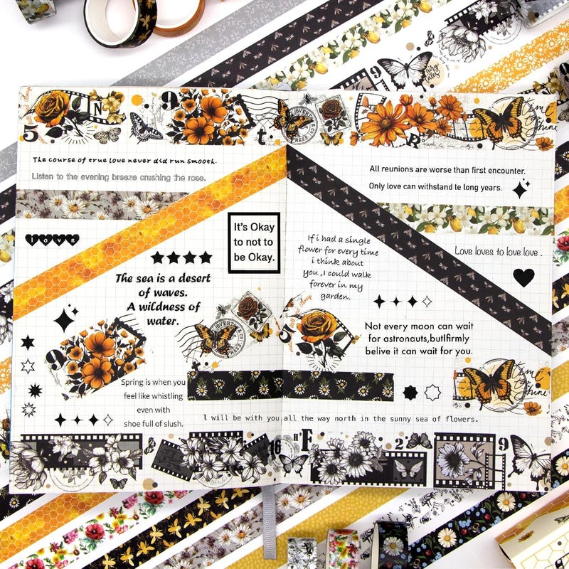 KOVANO Washi Tape Set 14 Rolls, Vintage Bee Floral Butterfly Botanical Washi Tape, Yellow Black Decorative Tapes for Scrapbooking Supplies, Junk Journal, Bullet Journaling, Art Crafts - Image 5